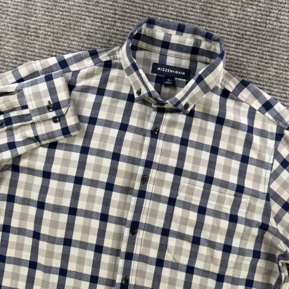 Mizzen+Main Mens Large Trim Fit Performance Flannel Shirt Navy Grey Plaid Office